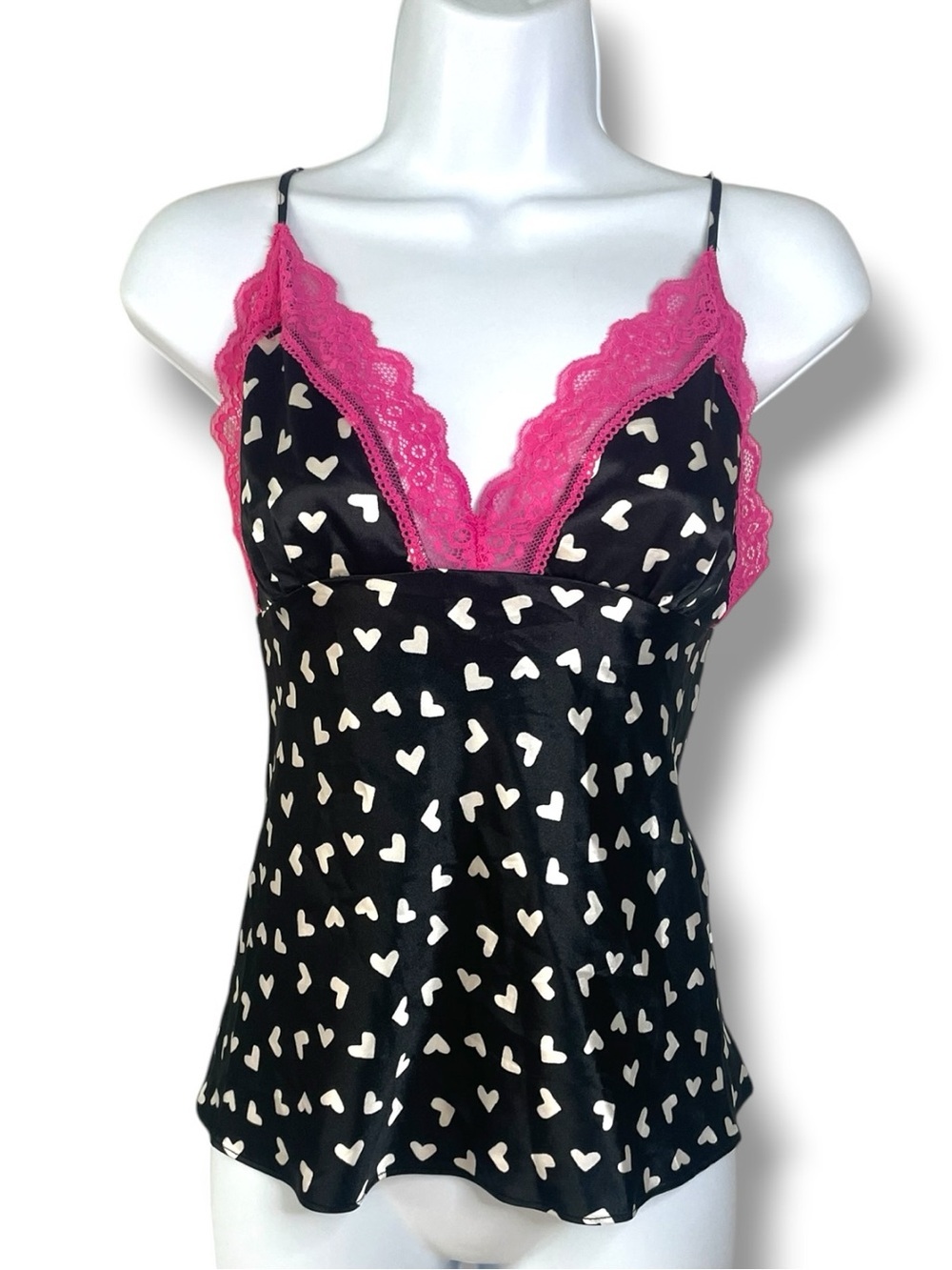 Lilac + London Heart Polka Dot Print Pink Lace Cami Tank Top Valentine Sleepwear